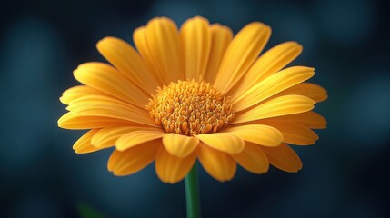 Obraz premium A vibrant yellow flower with detailed petals and a dark background.