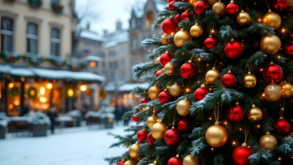 Festive Christmas Tree with Red and Gold Decorations
