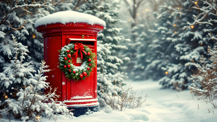 Red Mailbox in Winter Wonderland with Snow and Decorations