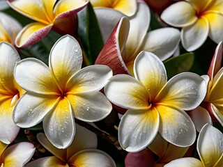 A close-up portrait of charming and beautiful colorful frangipani flowers taken in the flower garden