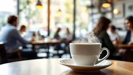 Fototapeta premium Cozy Cafe Scene with Steaming Coffee Cup