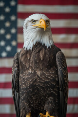 Naklejka premium white head eagle with American flag background close up shot generated by AI