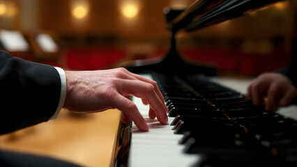 Fototapeta premium Elegant Hand on Piano Keys in Soft Lighting