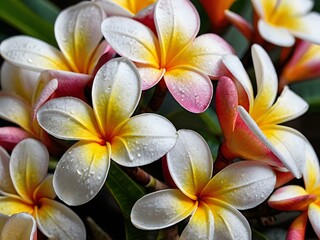 A close-up portrait of charming and beautiful colorful frangipani flowers taken in the flower garden