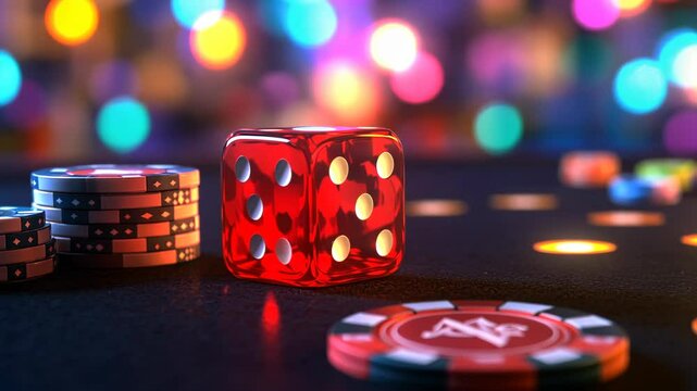 A red dice sits on a table with chips, against a blurry background of colorful lights