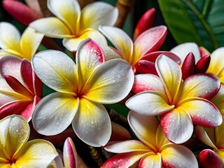 A close-up portrait of charming and beautiful colorful frangipani flowers taken in the flower garden