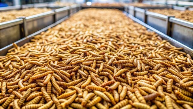 Black soldier fly larvae being produced in an insect factory farm for animal feed, insect, larvae
