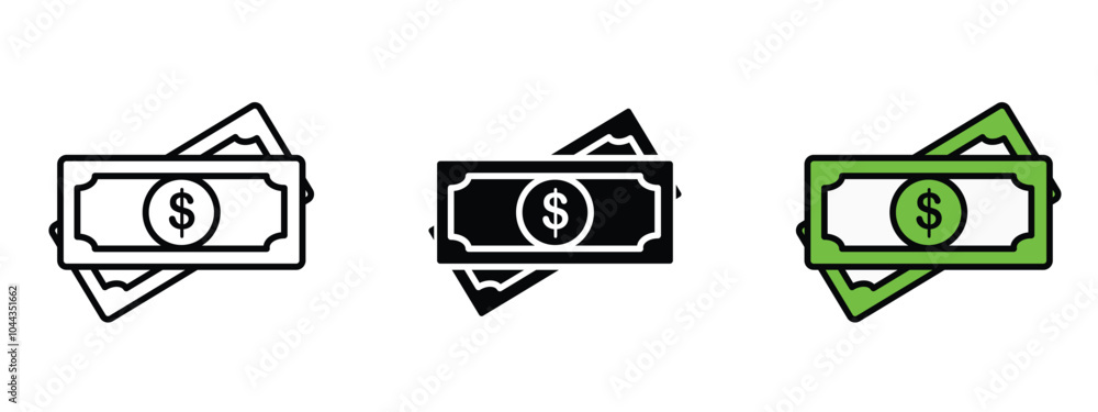 Poster cash icon in outlined, silhouette and editable colors, dollars icons set in different formats, money