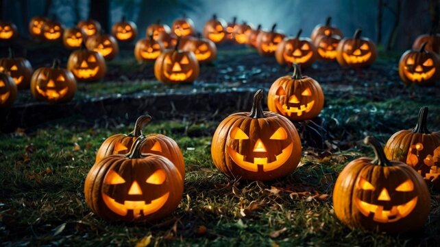 A spooky scene of carved pumpkins lit up on a dark Halloween night. 👻🕯️
