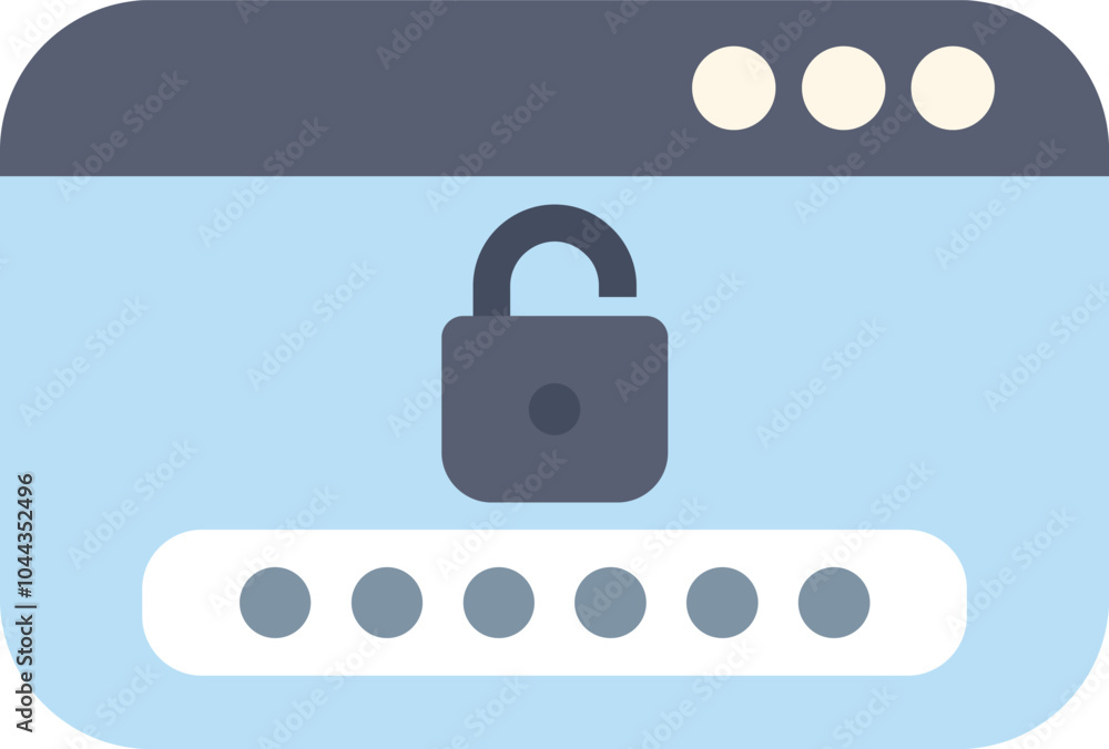 Poster simple flat illustration of a website login window with an unlocked padlock over a password field, d