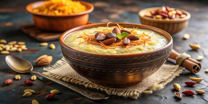 Traditional Indian rice pudding dessert served in a bowl with saffron strands and nuts , Rice Kheer, Indian sweet, Payesh, Kerala
