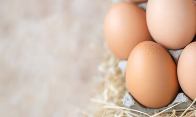 Close up of fresh brown eggs on hay, Generative AI