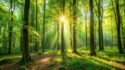 Fototapeta premium Lush green forest with the sun beautifully shining through the beech trees , nature, sunlight, foliage, serene, vibrant