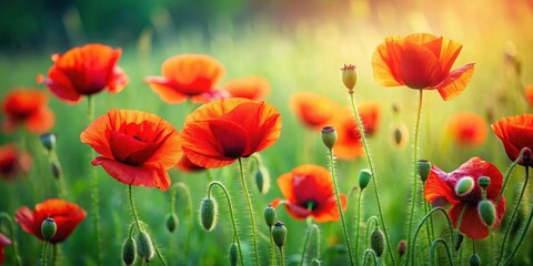 Fototapeta premium Vibrant red poppies standing out in lush green grass , vibrant, red, poppies, flowers, green, grass, nature, beautiful, meadow