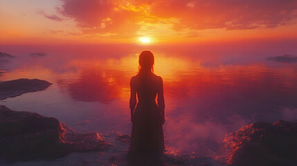 Obraz premium Silhouette of a Woman Standing on a Rocky Shoreline at Sunset - Digital Illustration
