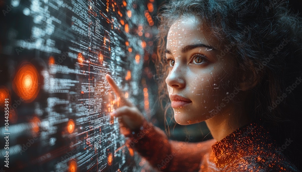 Aufkleber woman interacting with a digital interface in a futuristic setting