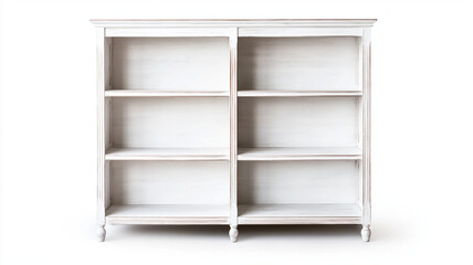 Distressed white wood bookshelf with open shelves, perfect for displaying books and decor. Its vintage charm adds cozy touch to any room