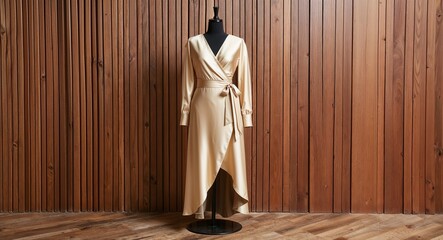 Beige satin wrap dress with belted waist and asymmetric hem display on aesthethic wood wall background