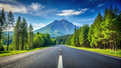 Naklejka premium Asphalt road square leading through lush green forest with mountain backdrop under clear blue sky , asphalt, road