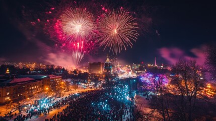 Naklejka premium Fireworks lighting up the night sky over a cityscape, with bright colors reflecting off nearby buildings. A crowd of people watches in awe, celebrating New Year's Day.