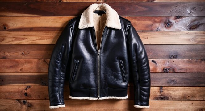 Black leather aviator jacket with shearling collar and zip front display on aesthethic wood wall background