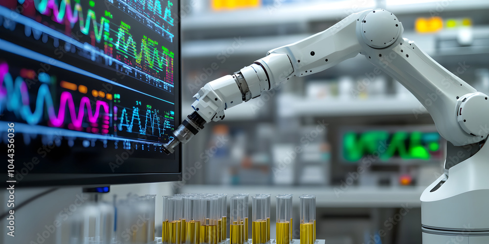 Wall mural the ai ​​robotic arm is operating the test tube on the test bench, the display screen is showing the