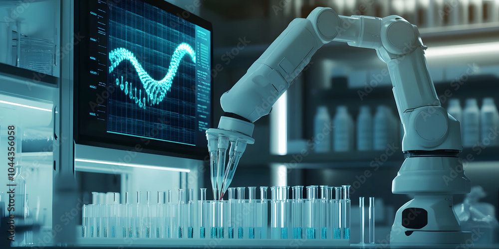 Wall mural the ai ​​robotic arm is operating the test tube on the test bench, the display screen is showing the