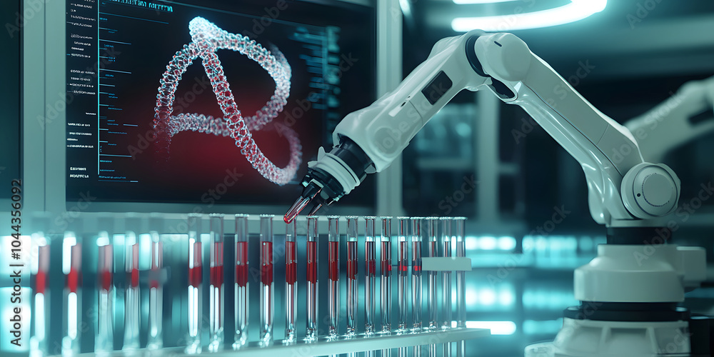 Wall mural the ai ​​robotic arm is operating the test tube on the test bench, the display screen is showing the