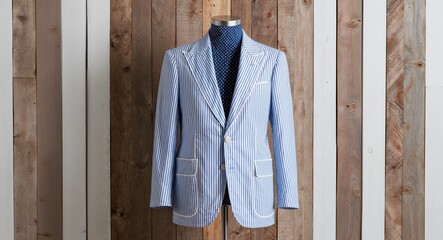 Blue and white striped seersucker blazer with notched lapel and patch pockets display on aesthethic wood wall background