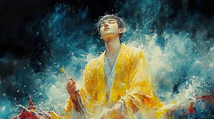 Naklejka premium Watercolor Portrait of a Man in a Yellow Robe