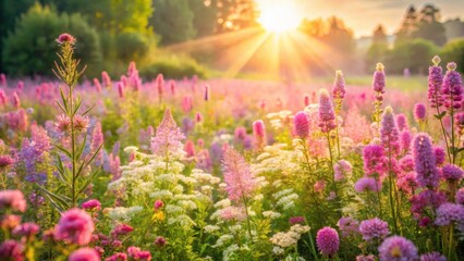 Summer flower meadow with pink wildflowers and lilac bushes under morning sunlight