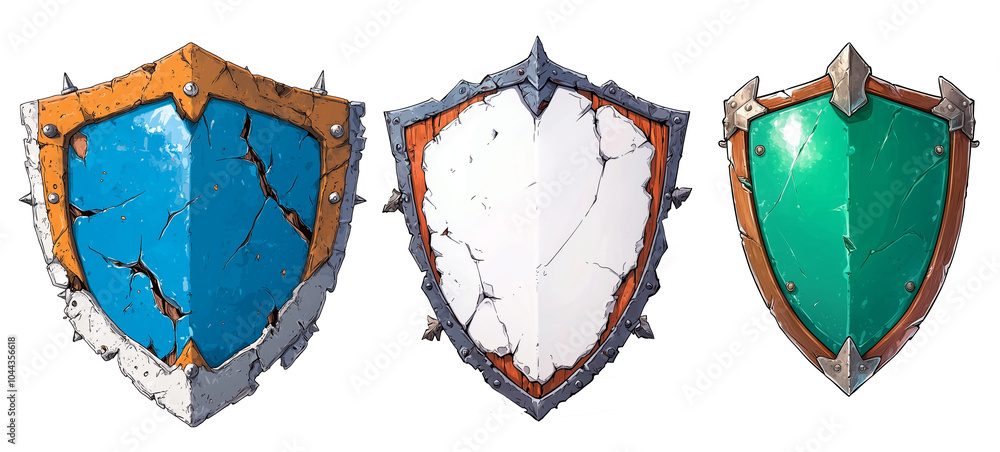 Poster collection of three distinct shields featuring unique colors and designs, showcasing blend of blue, 