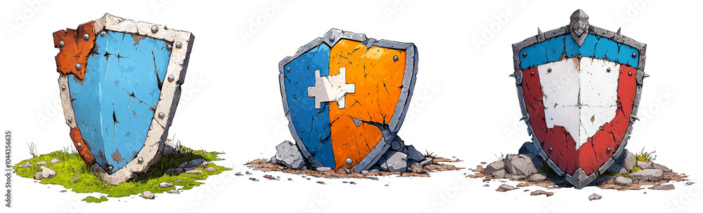 Poster collection of three distinct shields, each showcasing unique designs and textures. shields are weath