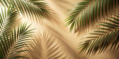 Obraz premium Palm leaves shadow on beige background, freeze motion, palm leaves, shadow, beige, background, motion, tropical