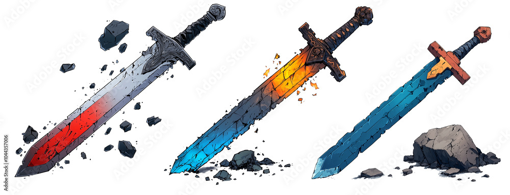 Poster collection of three distinct swords, each with unique designs and colors, showcasing intricate detai