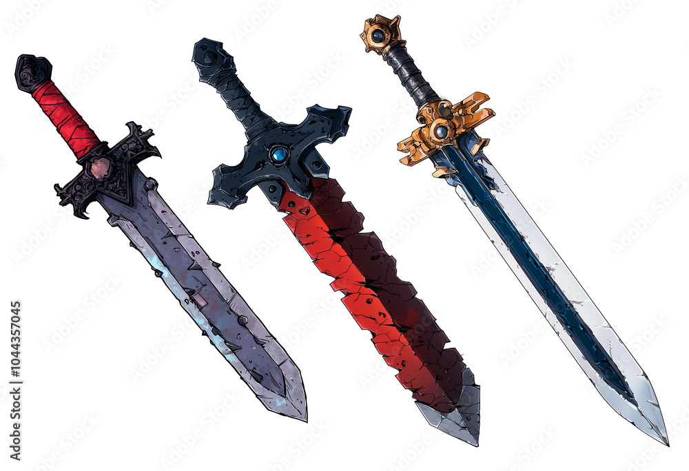 Poster three distinct swords with unique designs, featuring red and black elements, isolated on white backg