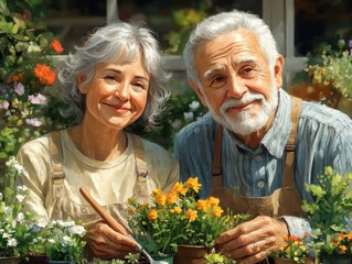 Elderly couple gardening. Lush backyard garden. Celebrating outdoor hobbies and active aging. Perfect for retirement community promotions.