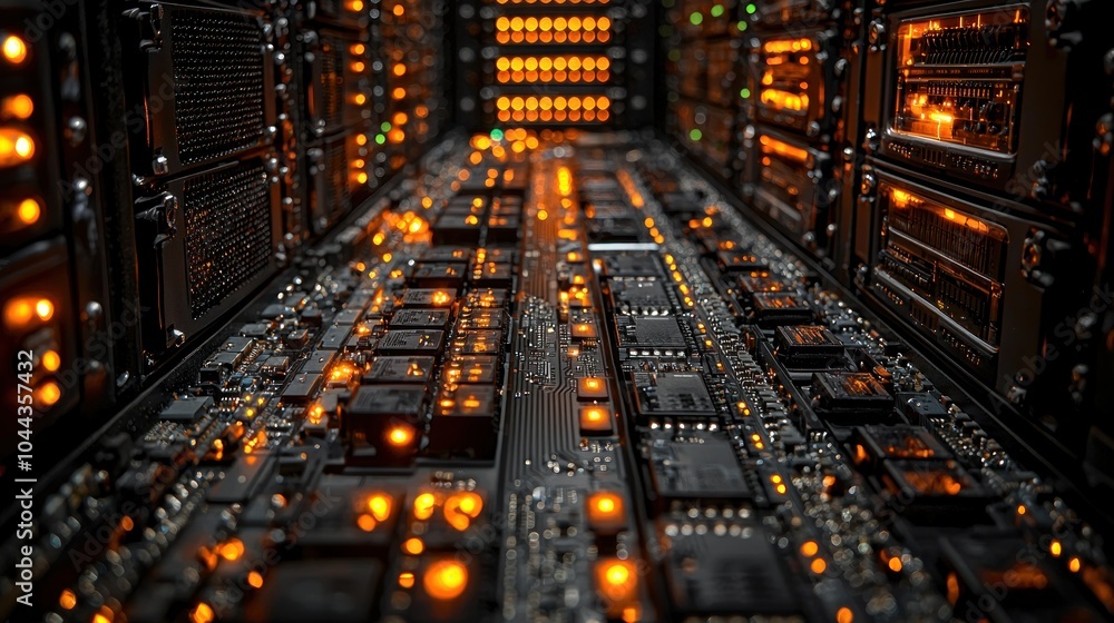 Poster Close-up View of Illuminated Server Racks in a Data Center