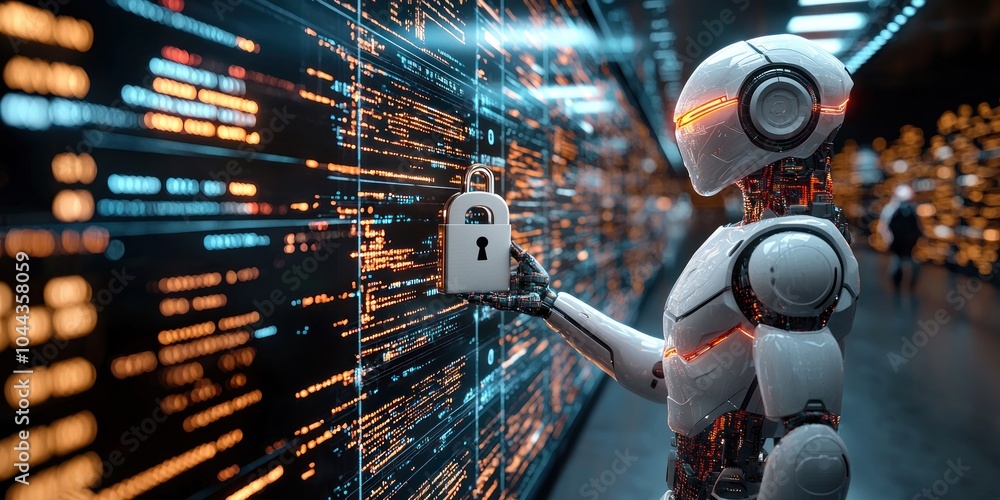 Aufkleber A humanoid robot holding a padlock in front of a screen with code