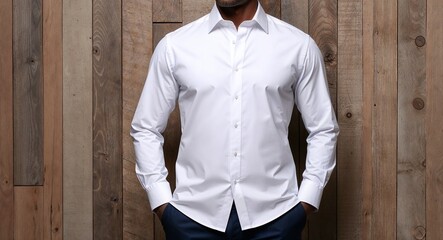 White cotton button down shirt with slim fit and spread collar display on aesthethic wood wall background