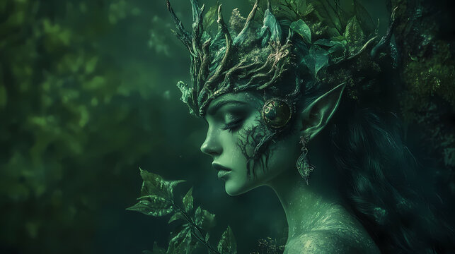 Digital painting of a beautiful victorian steam punk wood nymph or dryad in a magical green forest ,illustration . made with the help of ai. nymph. illustration. Forest Nymph. Illustration