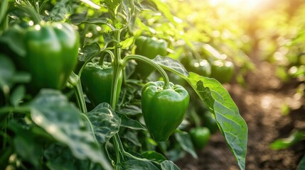 Rows of green bell peppers growing in a backyard vegetable garden under bright sunlight.