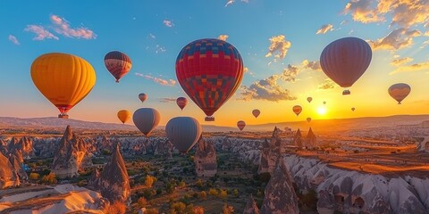 Obraz premium Hot Air Balloons Soaring Over Cappadocia at Sunset