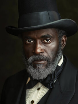 Mature Gray-Bearded Man with Dark Skin in Black Top Hat and Suit