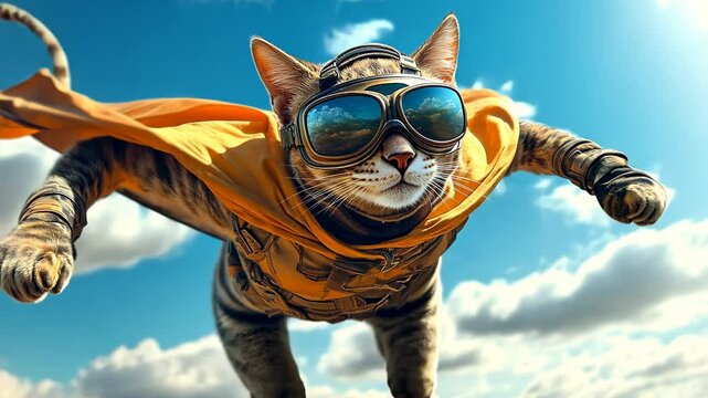 Super Cat Flying in the Sky, superhero, clouds, goggles, cape, brave