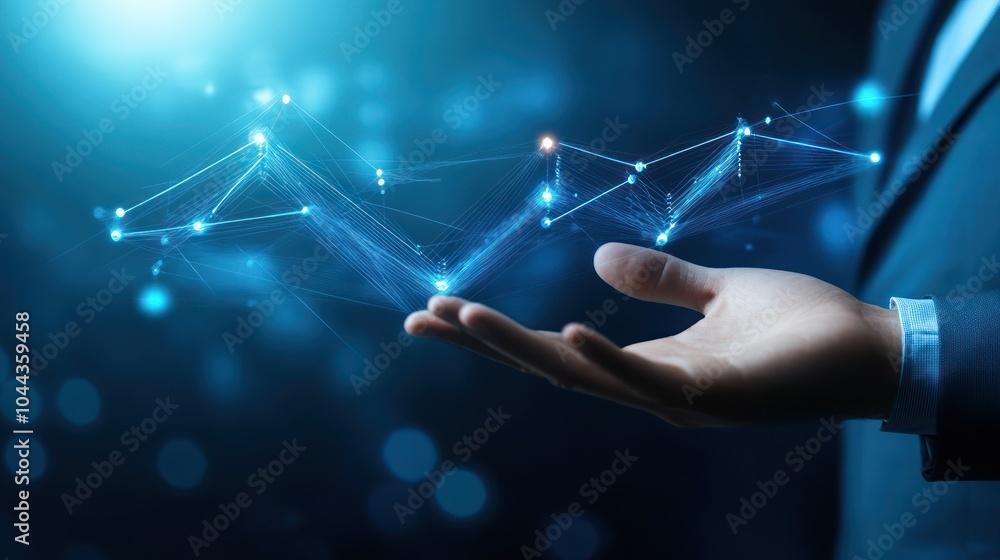 Poster a hand presenting a digital graph, symbolizing data analysis and technology.