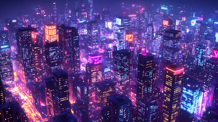 Fototapeta premium 3D Illustration - Neon City Skyline at Night with Glowing Lights