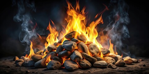 Fire burning in a pile of rocks , fire, flames, rocks, burning, heat, blaze, nature, outdoors, bonfire, hot, inferno