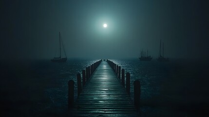 Obraz premium A dark, empty pier stretching out into the ocean, with the silhouettes of boats in the distance barely visible against the moonlit water.