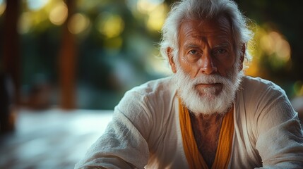 Elderly man practicing yoga. Featuring a senior man in a yoga pose. Highlighting flexibility and mindfulness. Ideal for health and wellness promotions.